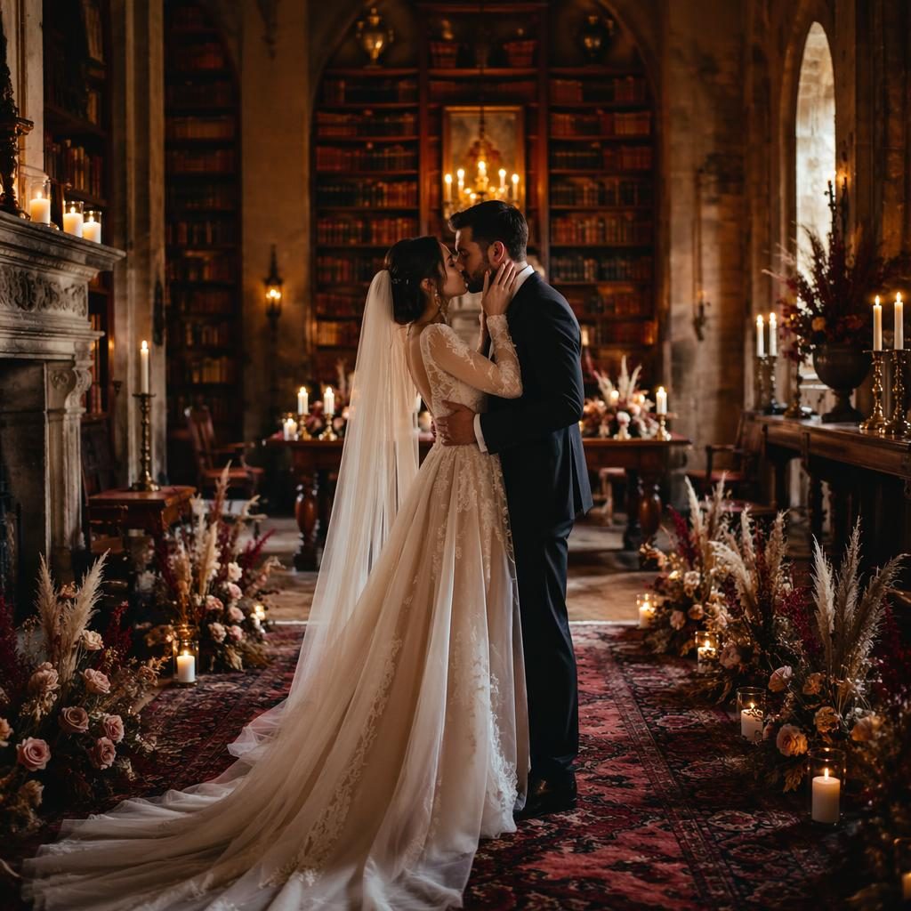 Bride and groom share a first kiss in a candlelit historic castle library with burgundy and gold autumn decor