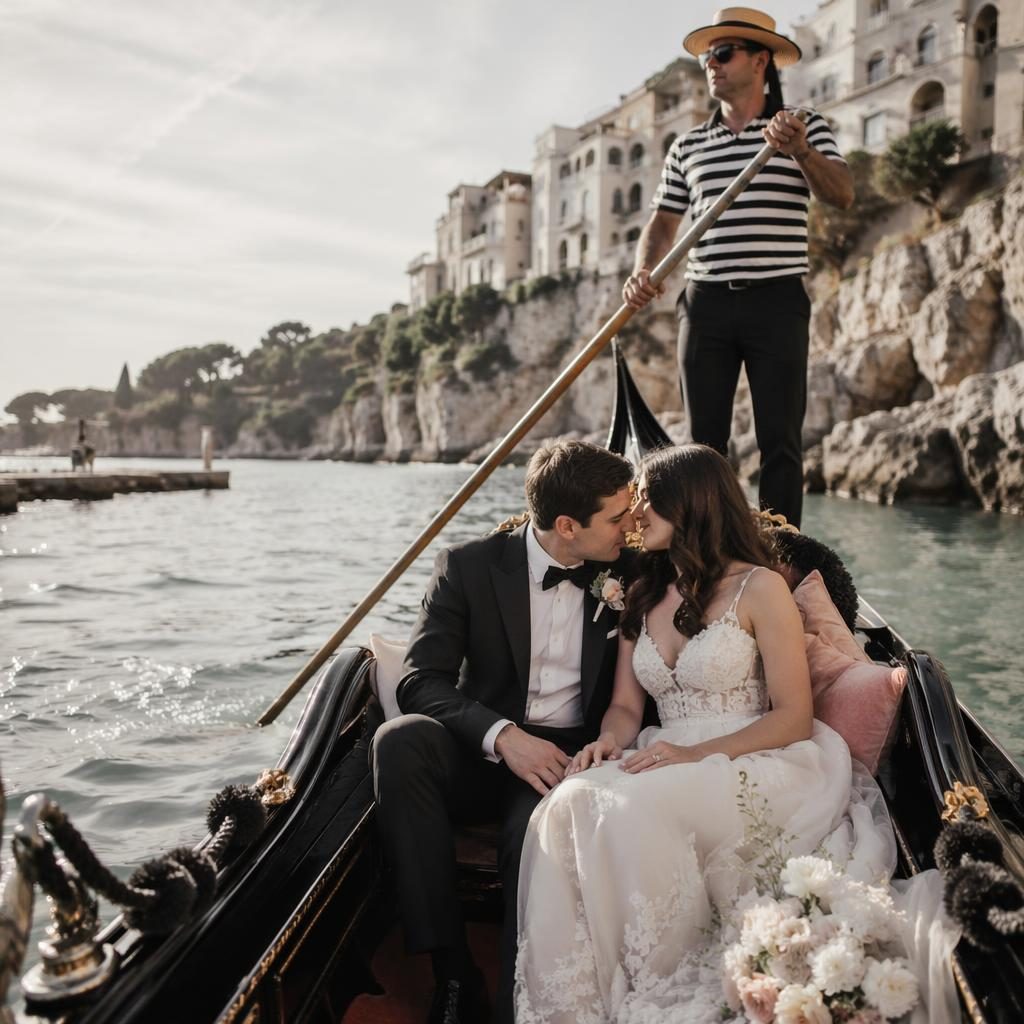 Bride getting ready near an ocean cliff in spring, soft blush and cream details, candid wedding portrait with intimate gondola vibe.
