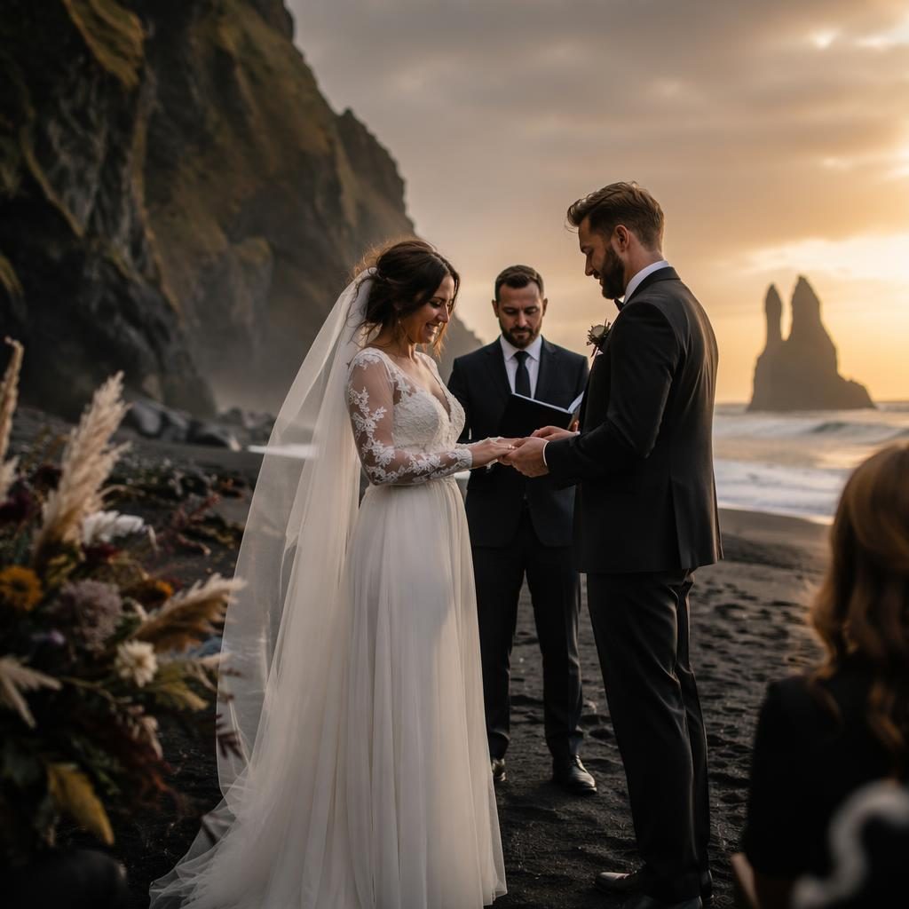 Couple exchanging rings in an elegant ballroom with dark moody lighting, warm sunset tones, and dramatic black sand styling.