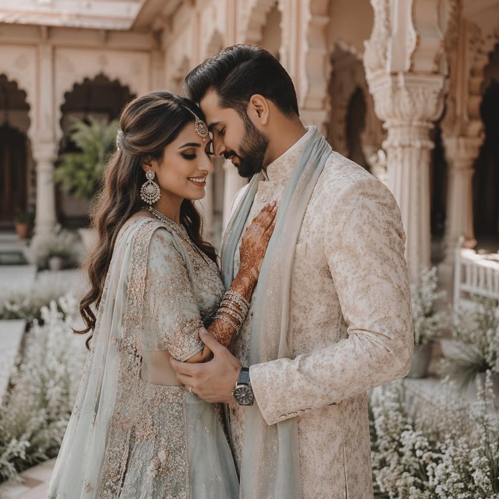 Wedding couple portrait in an urban industrial loft with airy winter tones and a Rajasthan-style mehndi courtyard feel.
