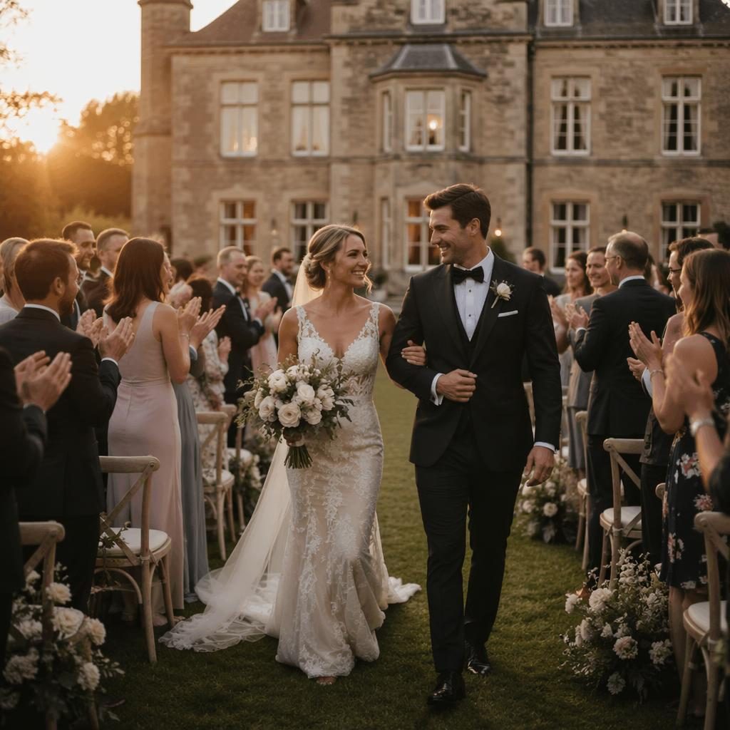 Couple en sortie de cérémonie sur la pelouse d’un manoir anglais, lumière dorée du coucher de soleil, ambiance sombre.