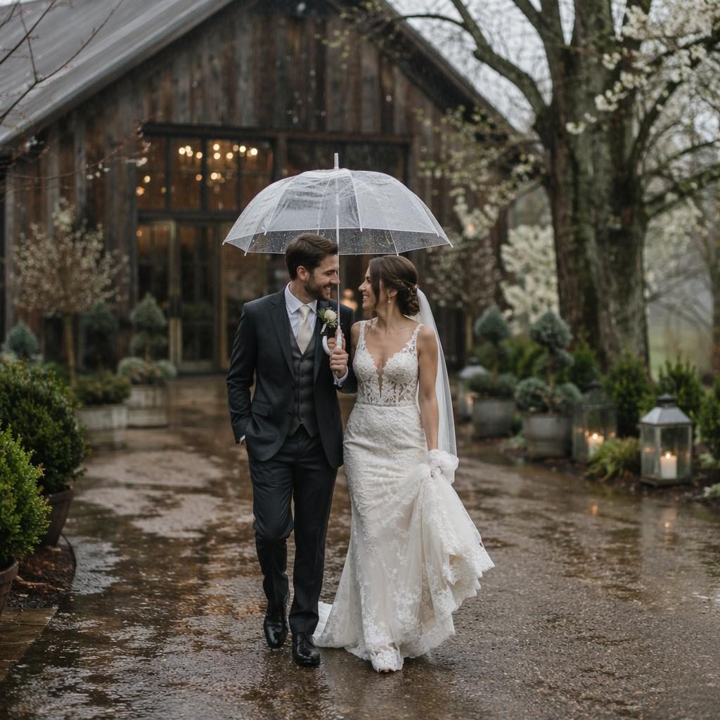 Groom getting ready in a rustic barn on a rainy spring wedding day, holding an umbrella in sage and white decor.