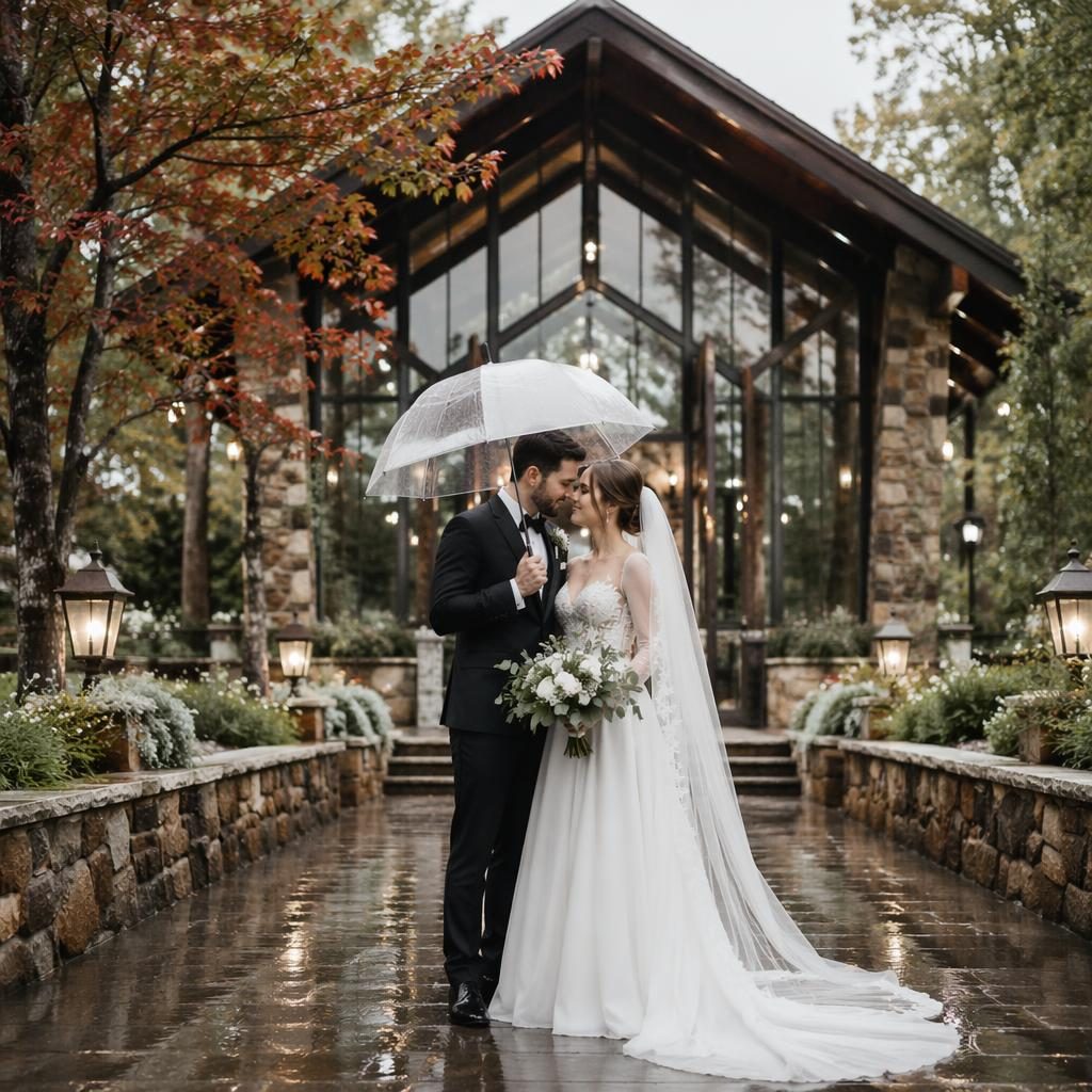 Couple wedding portrait in a botanical garden under an umbrella on a rainy autumn day, with sage and white styling.