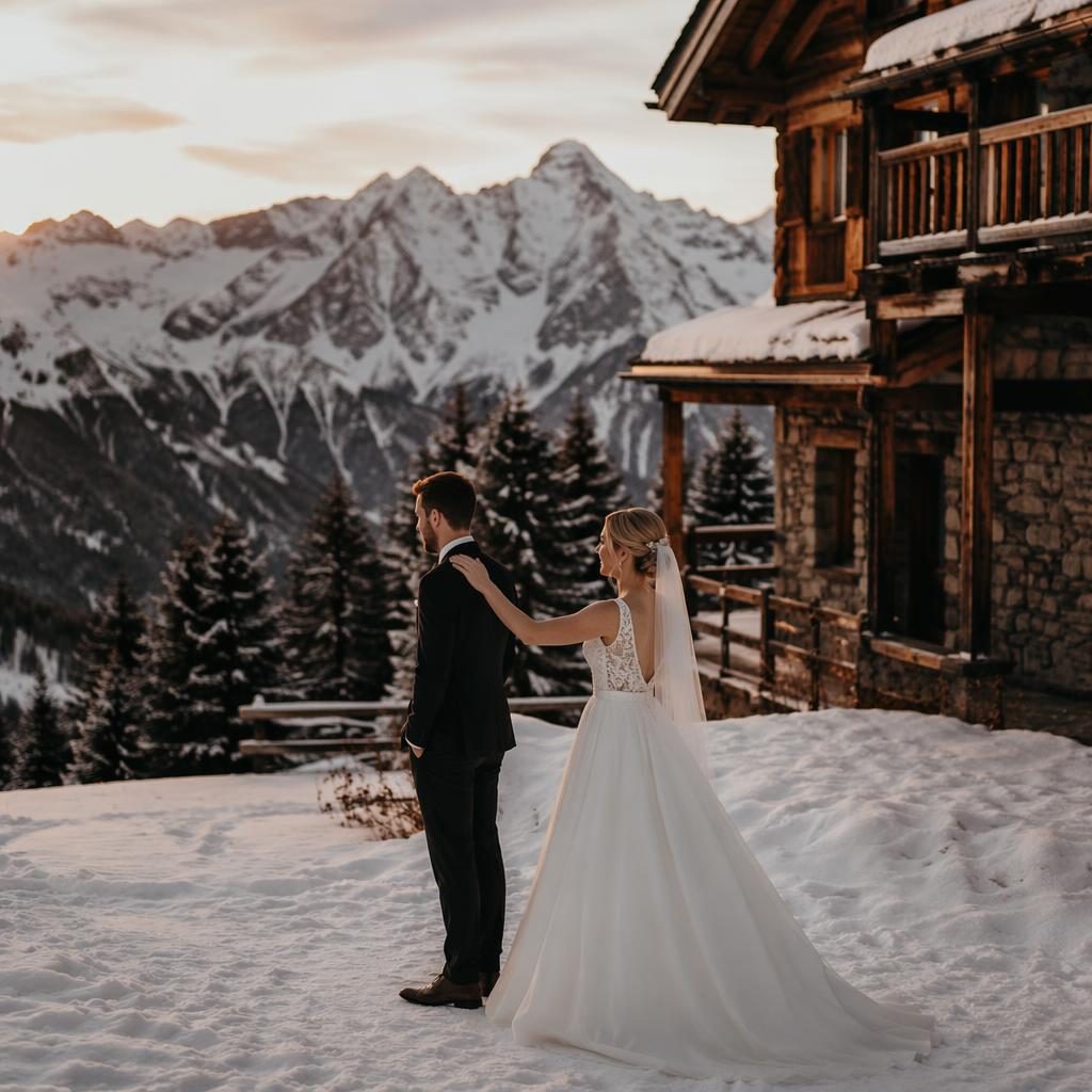 Brautpaar beim First Look vor verschneitem Alpen-Chalet, warme Sunset-Stimmung, dunkler moody Look