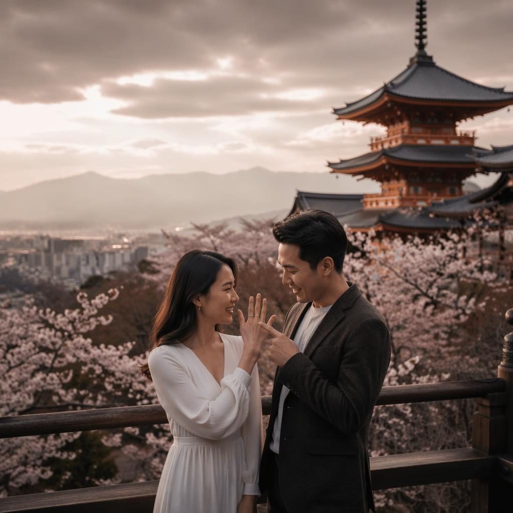 Couple posing at a Kyoto temple under cherry blossoms at sunset with elegant wedding reception details in a moody style.