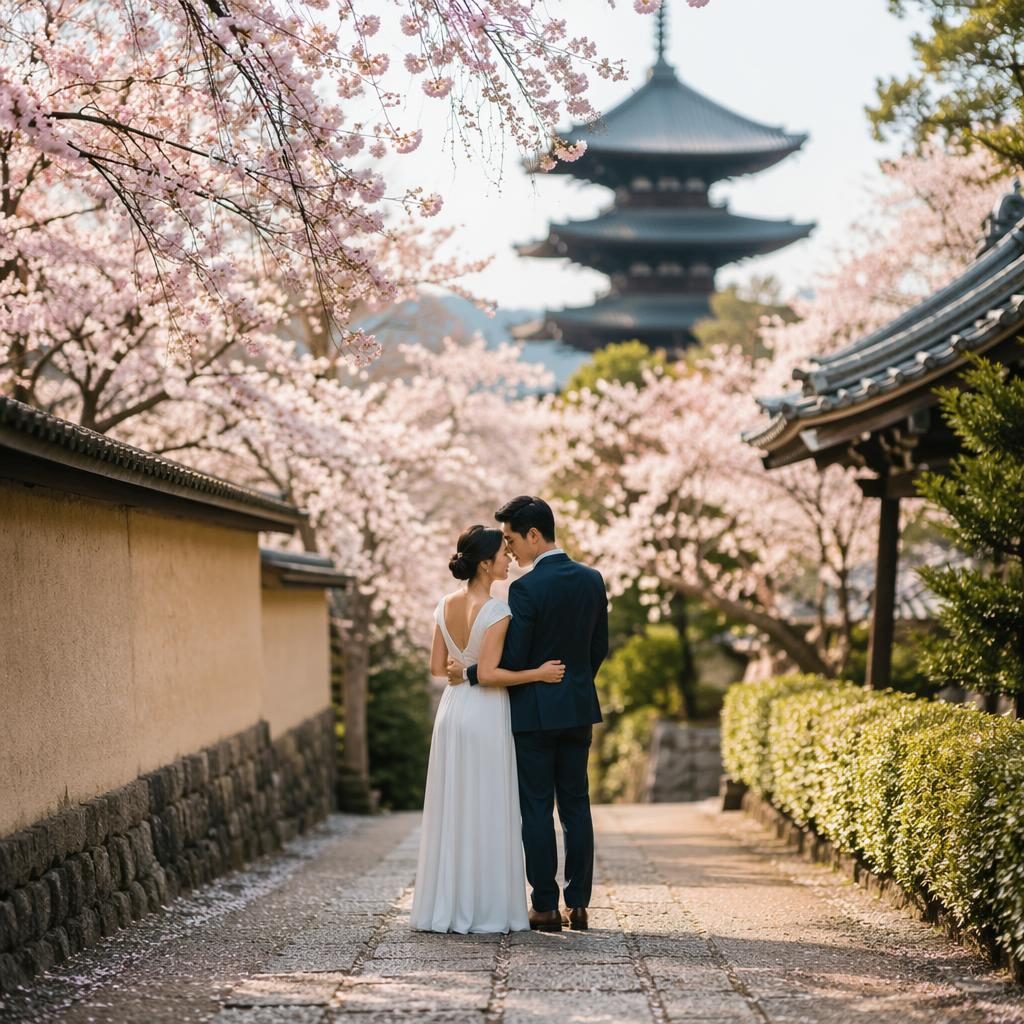 Couple walking recessional-style through a Kyoto vineyard with cherry blossoms, natural light, film-inspired wedding scene.