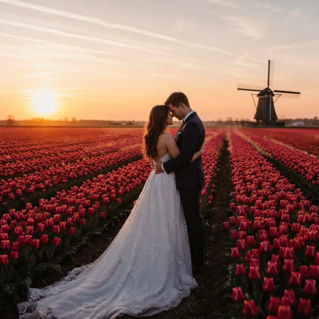 Couple at a wedding reception setup in a spring tulip field in the Netherlands, warm sunset light and moody tones.