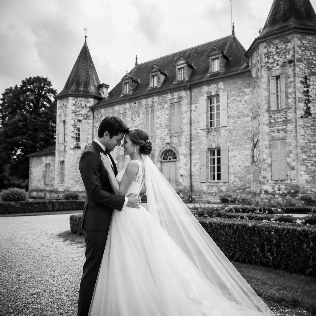 Pareja en sesión postboda junto a un castillo, con luces cálidas tipo feria, estilo editorial en blanco y negro.