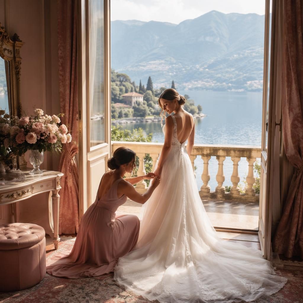 Mariée se préparant sur le balcon d’une villa au lac de Côme, lumière naturelle, palette rose poudré, style cinéma.