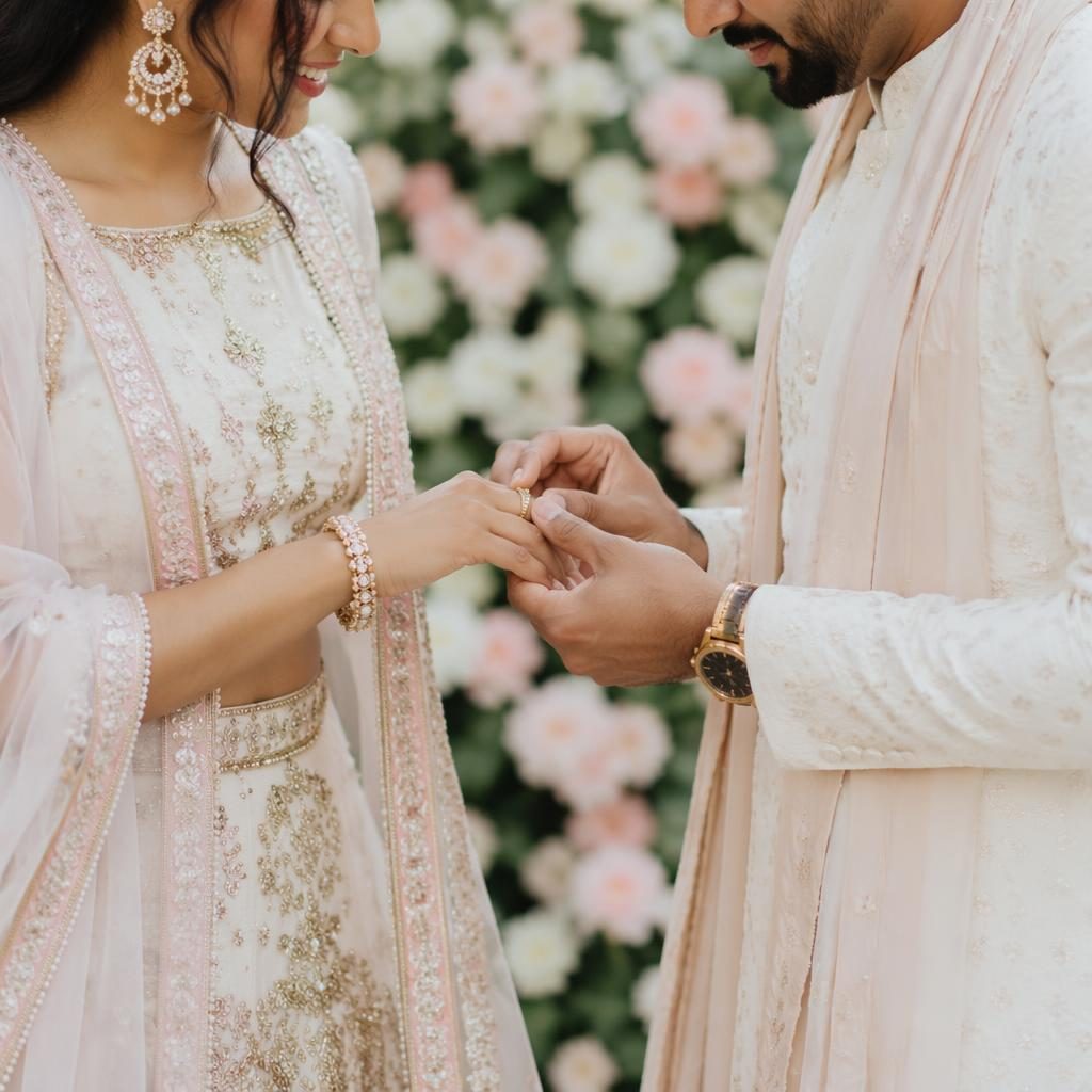 Close-up of hands exchanging rings at an intimate backyard wedding, with soft blush and cream tones in late summer light.