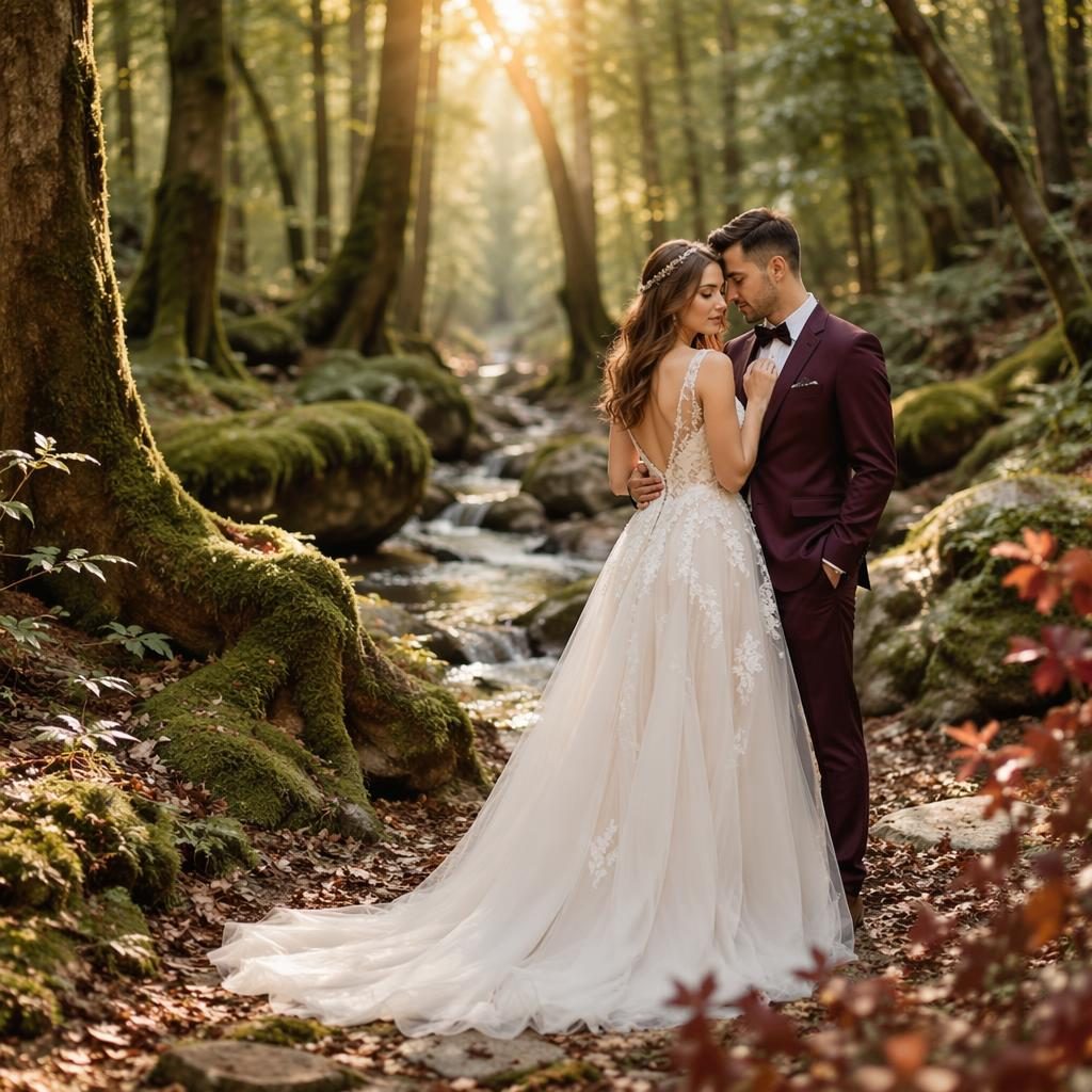 Bride and groom in a fairytale forest setting with soft pastel light, burgundy and gold details, romantic wedding portrait