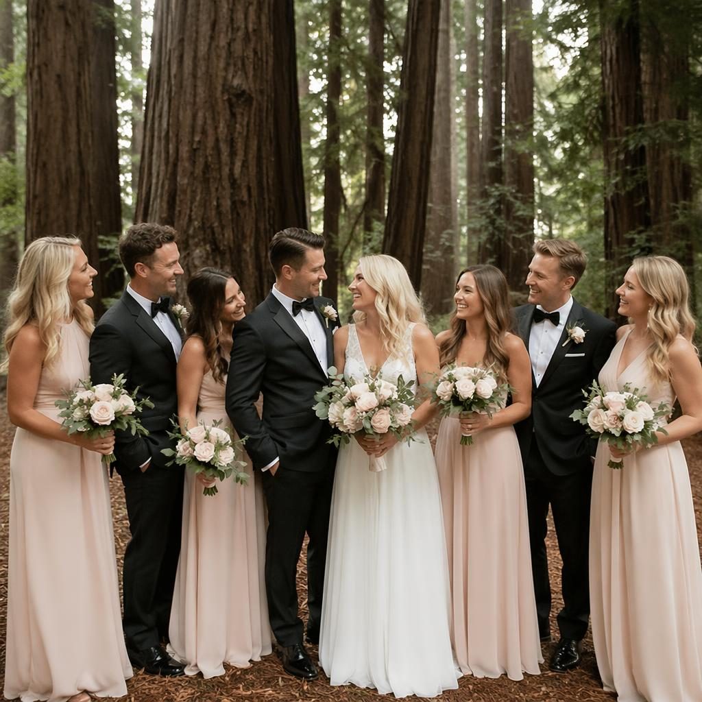 Hochzeitsgesellschaft in einem Redwood-Hain bei spätsommerlichem Licht, candid Gruppenfoto in Blush und Creme.