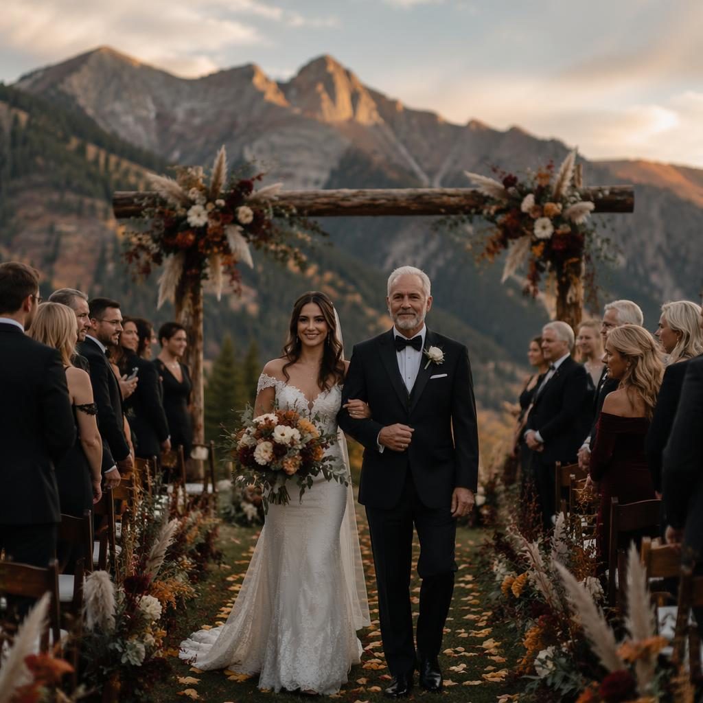 Father walking bride down the aisle with wedding party at an alpine mountain venue in autumn, moody sunset light