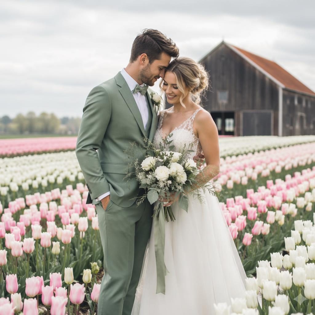 Pareja de novios posando en un granero rústico junto a un campo de tulipanes, con paleta salvia y blanco.