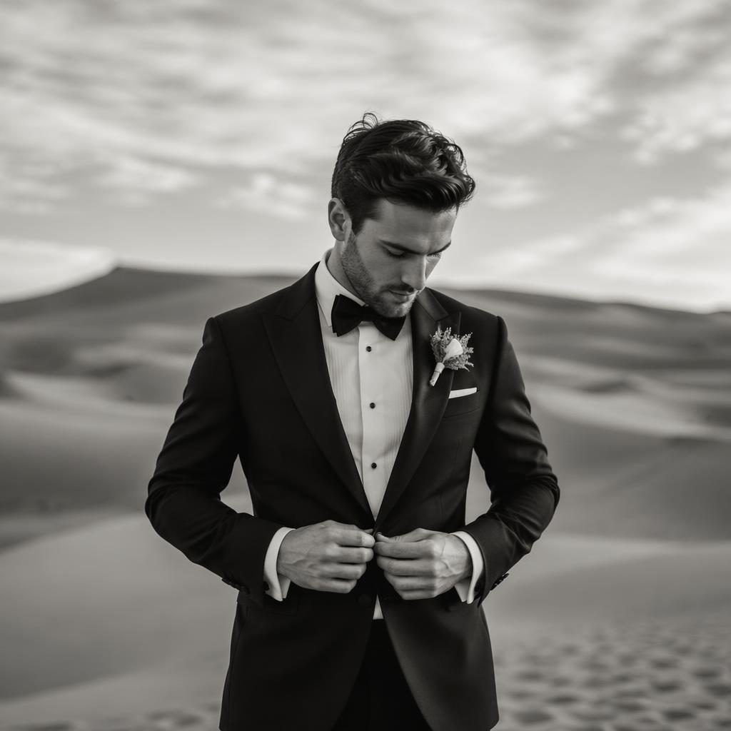 Black and white wedding photo of a groom getting ready in desert sand dunes during a winter elopement.