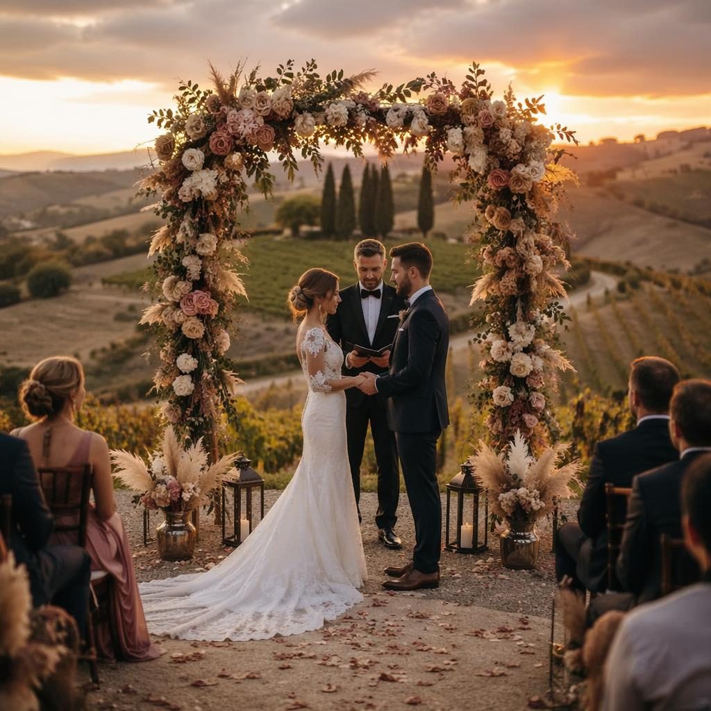 Couple de mariés au coucher du soleil dans un vignoble toscan, ambiance romantique, tons rose poudré et style cinéma.