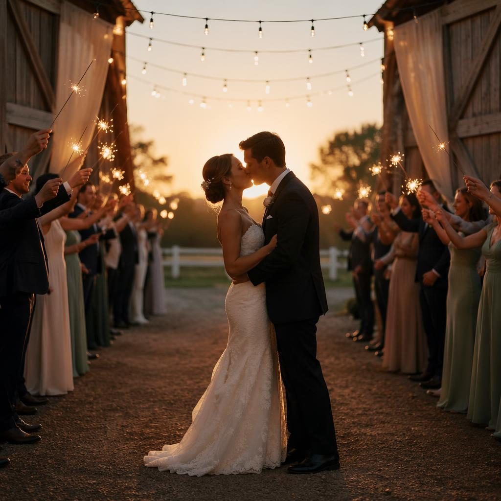 Silhouetted couple sharing a first kiss at sunset outside a rustic barn, with wedding sparklers and sage white details.