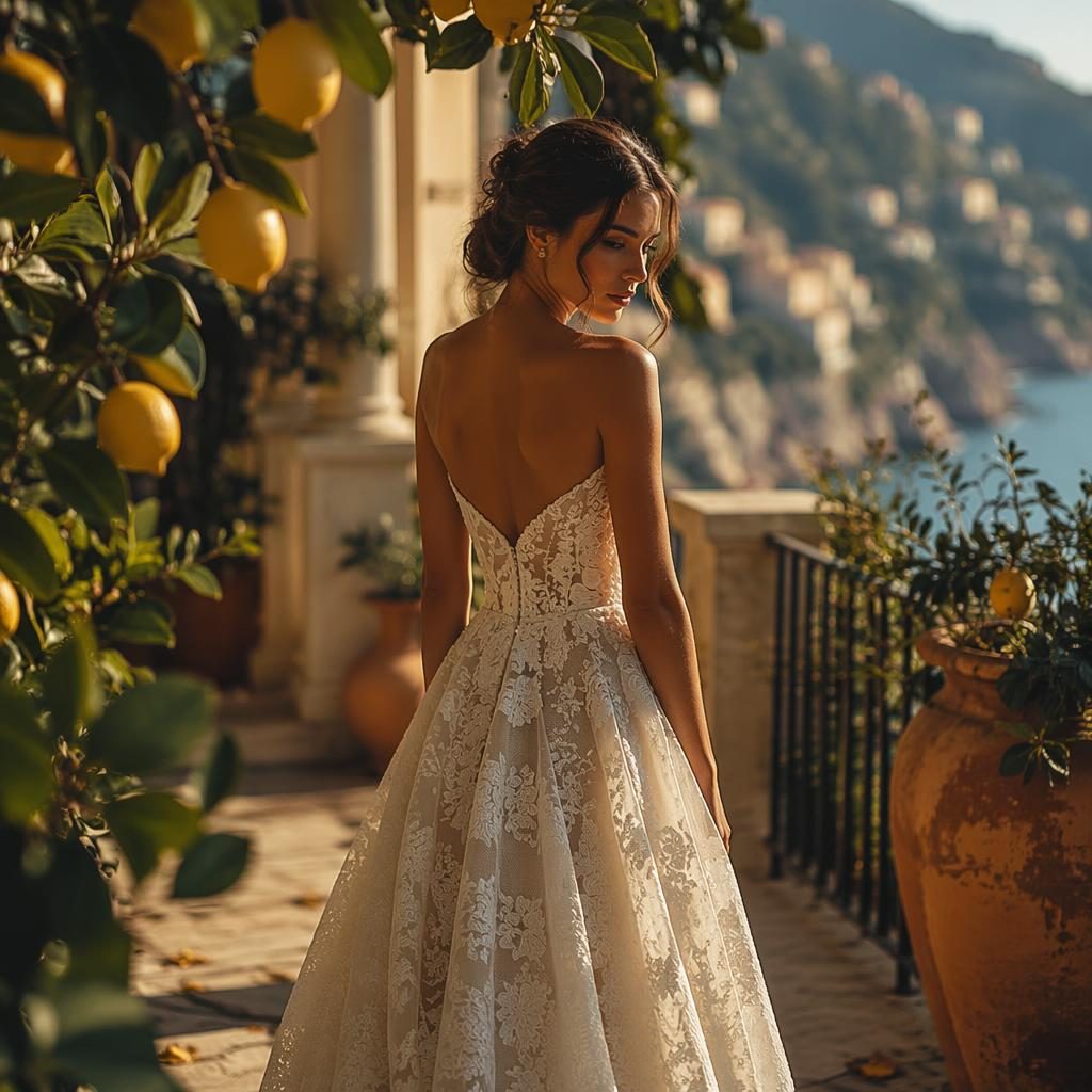 Bride getting ready in an Amalfi lemon grove at sunset, dark moody tropical resort wedding scene with warm natural light.
