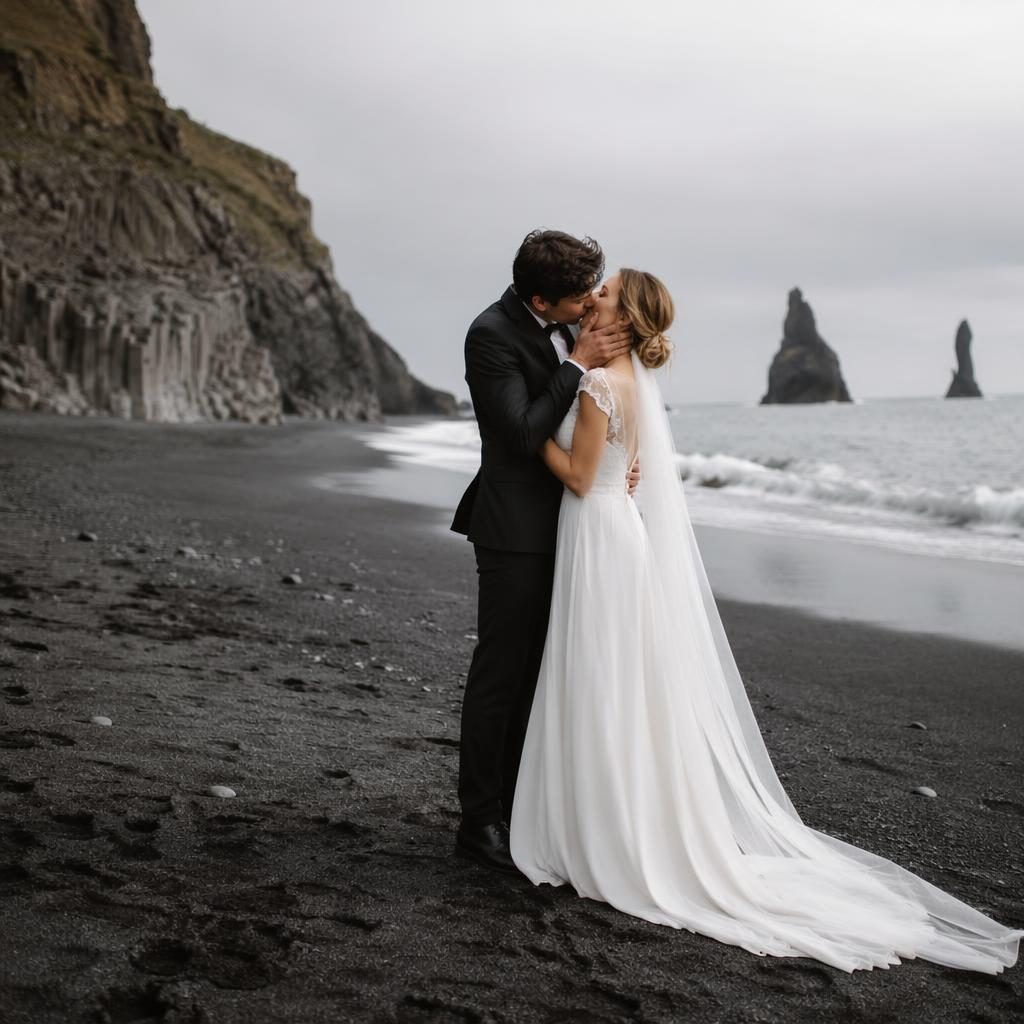 Pareja de novios dándose el primer beso frente a un granero rústico, luz natural, tonos salvia y blanco, aire dramático.