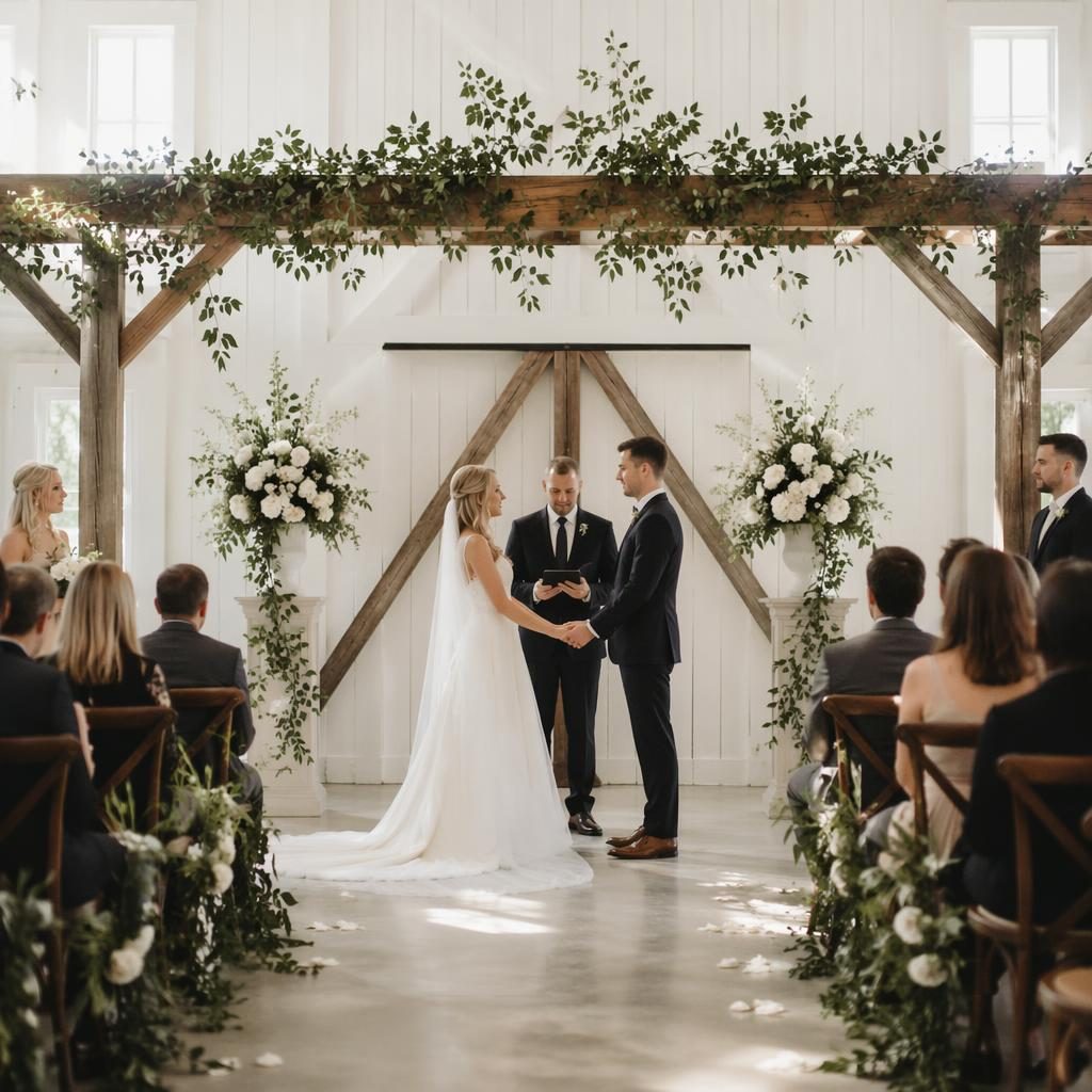 Couple exchanging vows in a minimalist white ceremony at a rustic barn with sage and white decor, natural light.