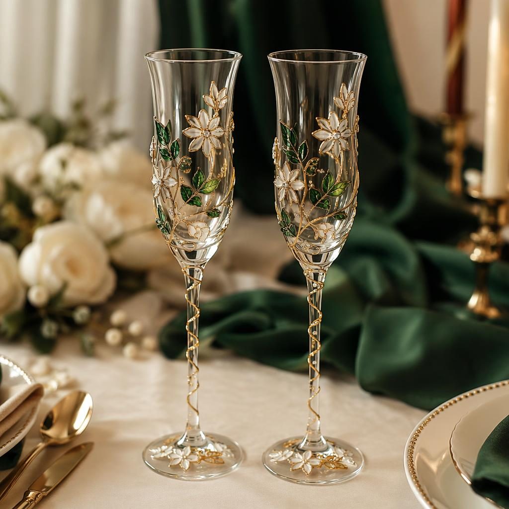 Copas de novios decoradas en una boda elegante, con estética art déco, tonos esmeralda y bronce y luz natural.