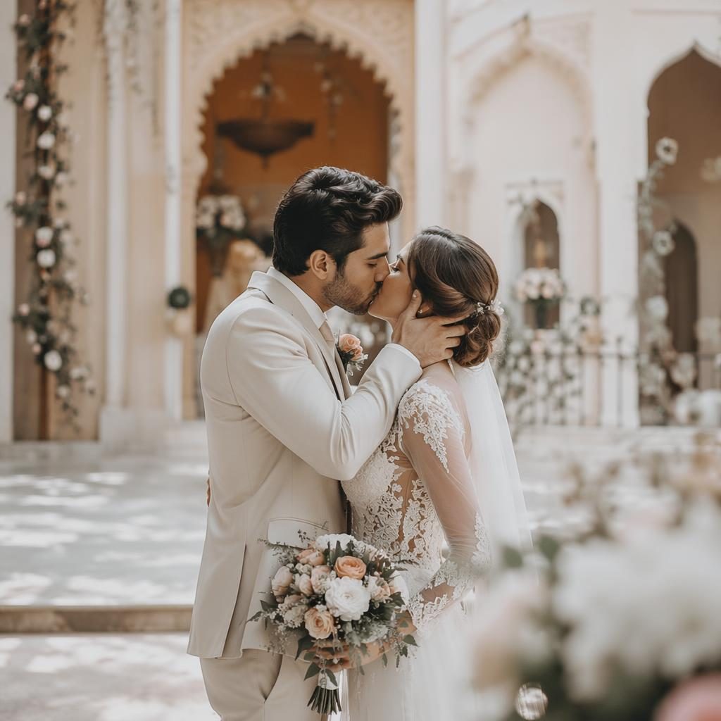 Pareja en una sesión de boda con primer beso en patio de palacio estilo Rajasthan, luz natural y tonos invernales.