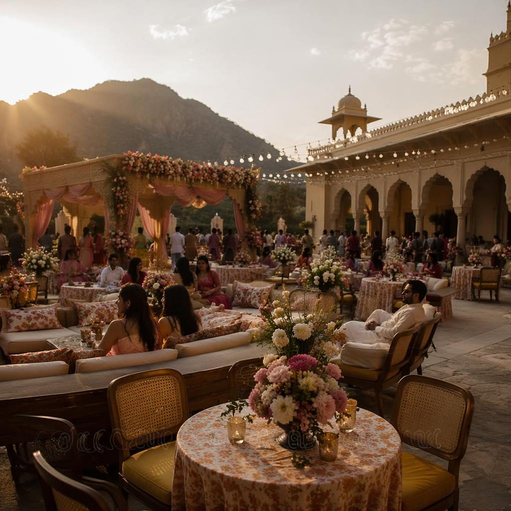 Détails de réception de mariage dans une cour de palais du Rajasthan, lumière dorée, ambiance sombre et chaleureuse