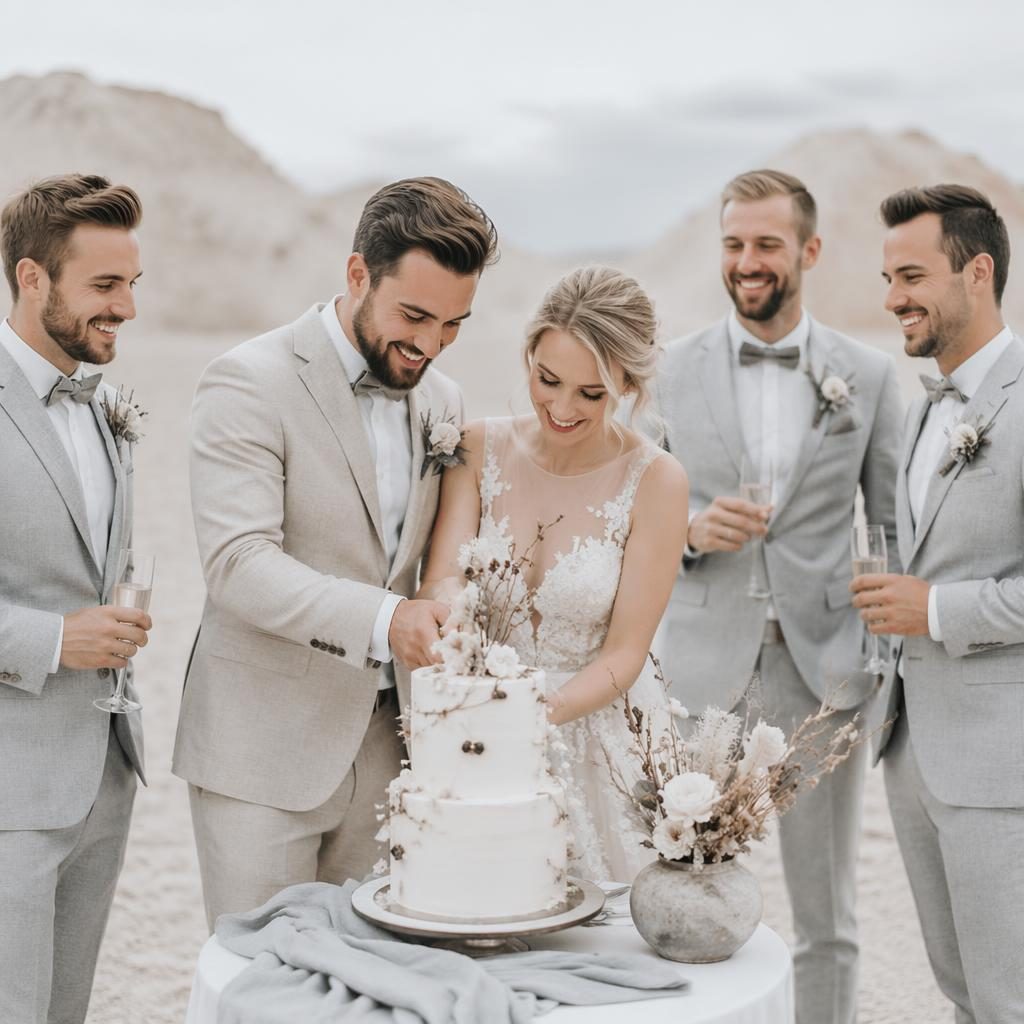 Bräutigam und Trauzeugen auf einem Feld beim Anschneiden der Hochzeitstorte, herbstliche Wüste in hellen Wintertönen.