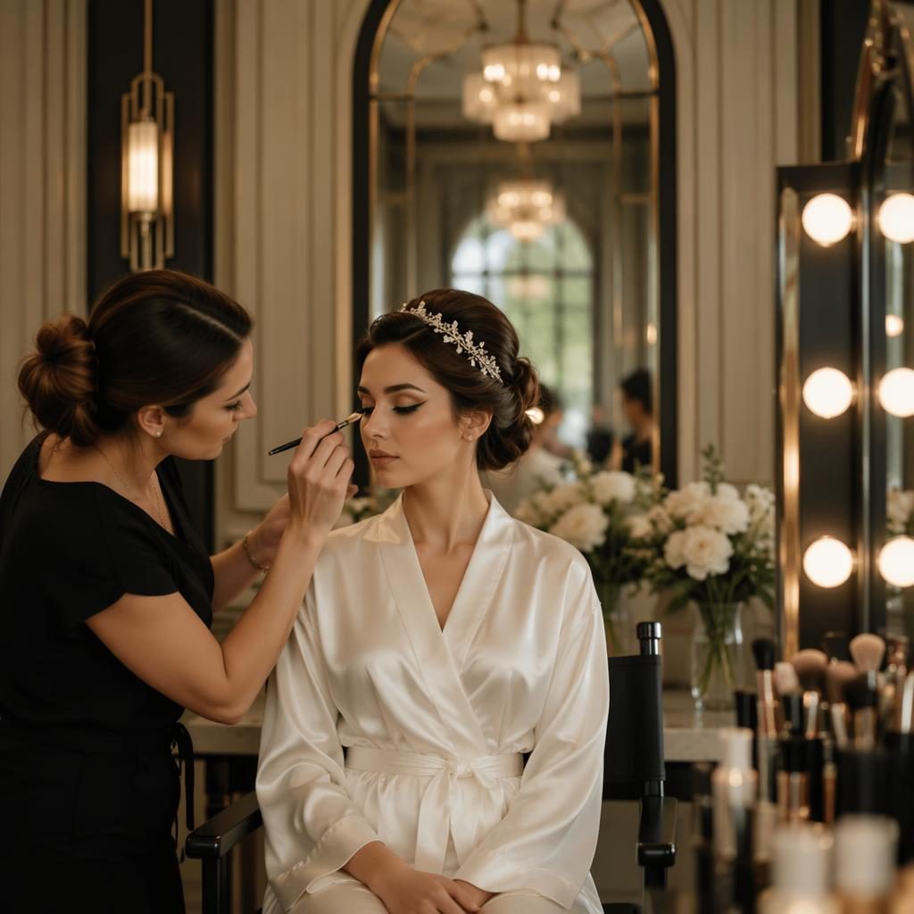 Bride and groom exchange vows in a botanical garden with sage and white florals, styled with art deco Gatsby elegance.