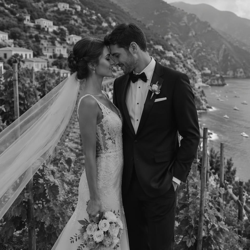 Black-and-white wedding portrait of a couple at a rustic Positano cliff vineyard barn in spring, lit by natural light.