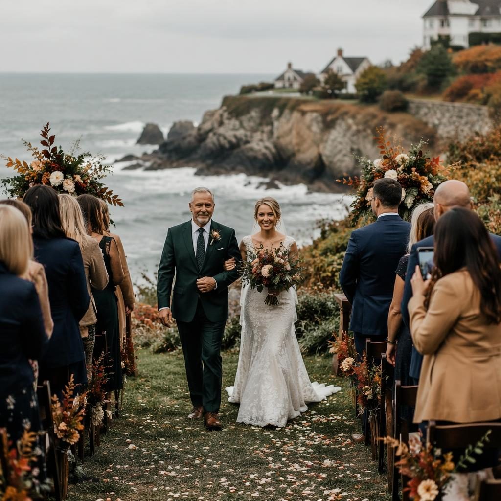 Father walking bride down the aisle at a cliffside ocean wedding in autumn, with emerald and bronze floral details.