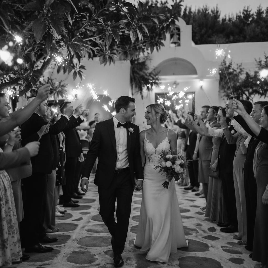 Couple de mariés et invités avec cierges magiques dans un jardin botanique, lieu blanc style île grecque, photo noir et blanc