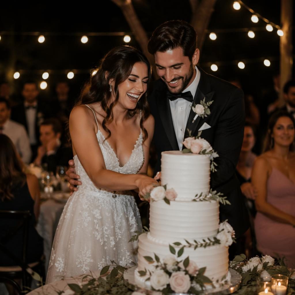 Couple laughing while cutting a wedding cake at an intimate backyard reception, with blush and cream decor in soft natural light.