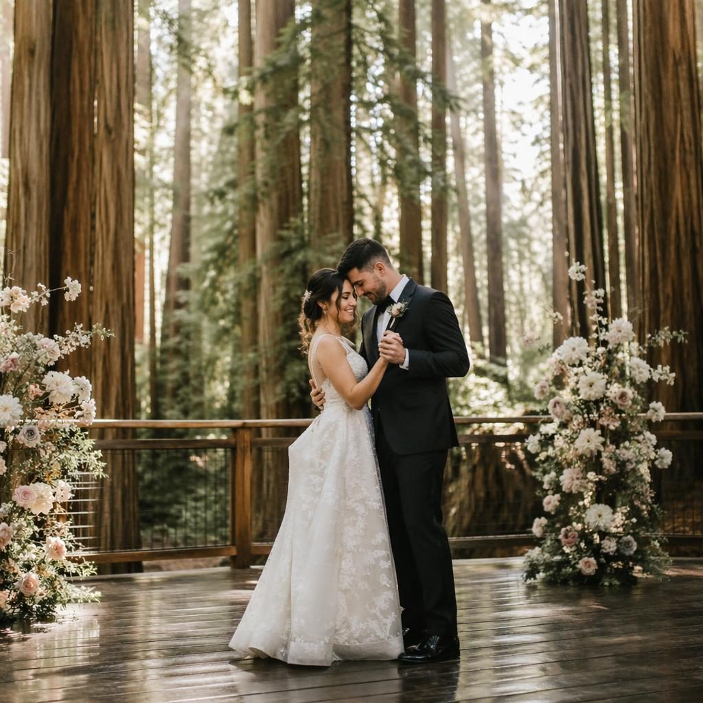 Bride and groom share a first dance on ocean cliffs in spring, with soft blush and cream tones and candid natural light.