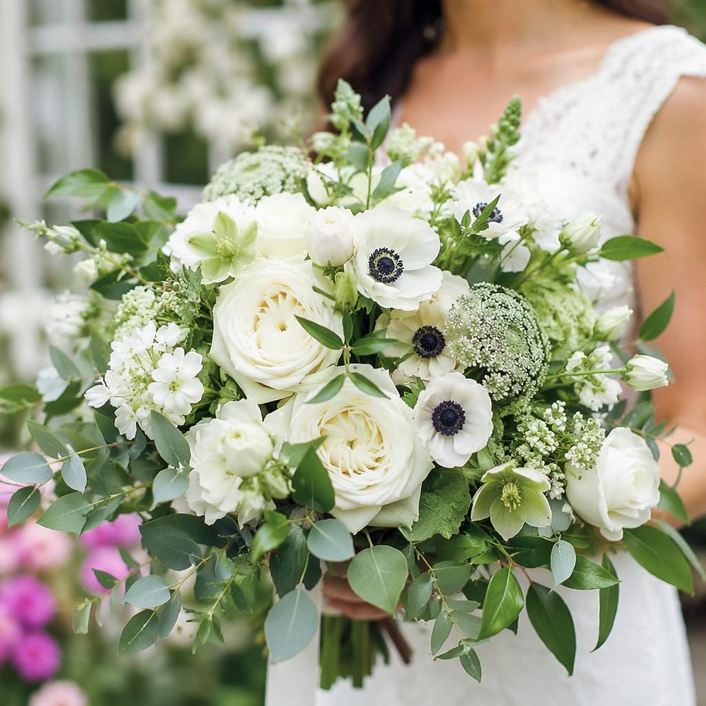 Close-up wedding photo of a couple holding a white and sage flower bouquet in a spring botanical garden.