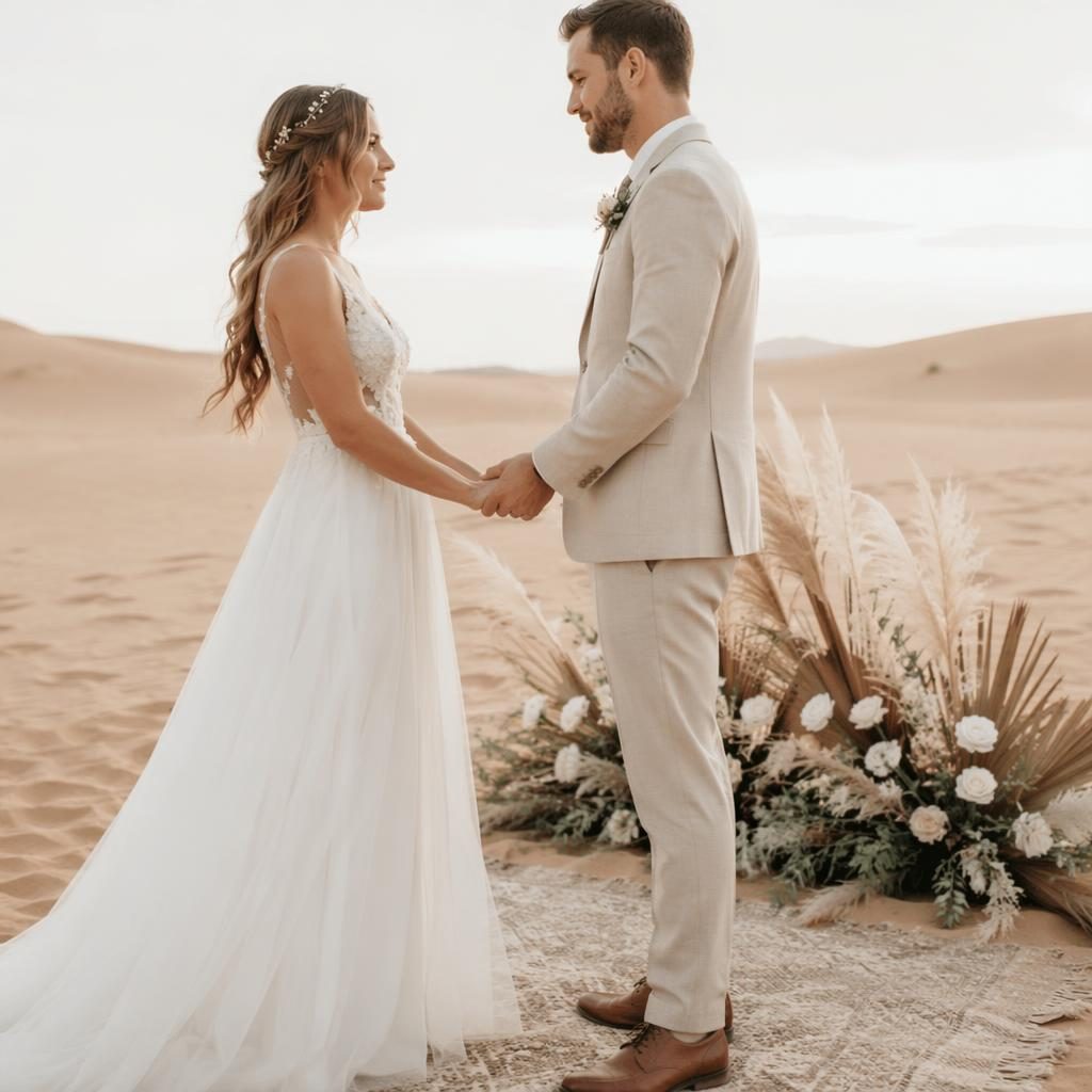 Bride and groom exchange vows on desert sand dunes in soft natural light with airy winter-toned styling.
