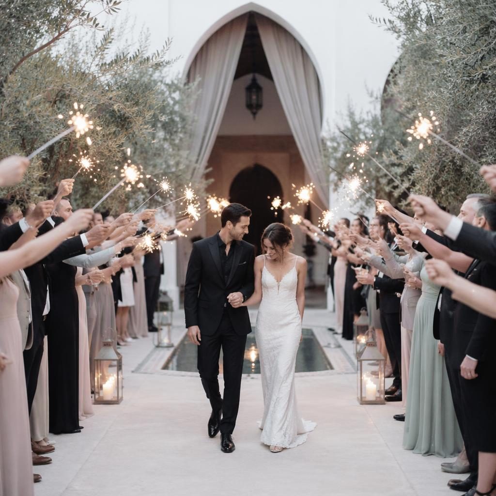 Bride and groom exit through sparklers in a minimalist Moroccan riad courtyard with airy light and cool winter tones.