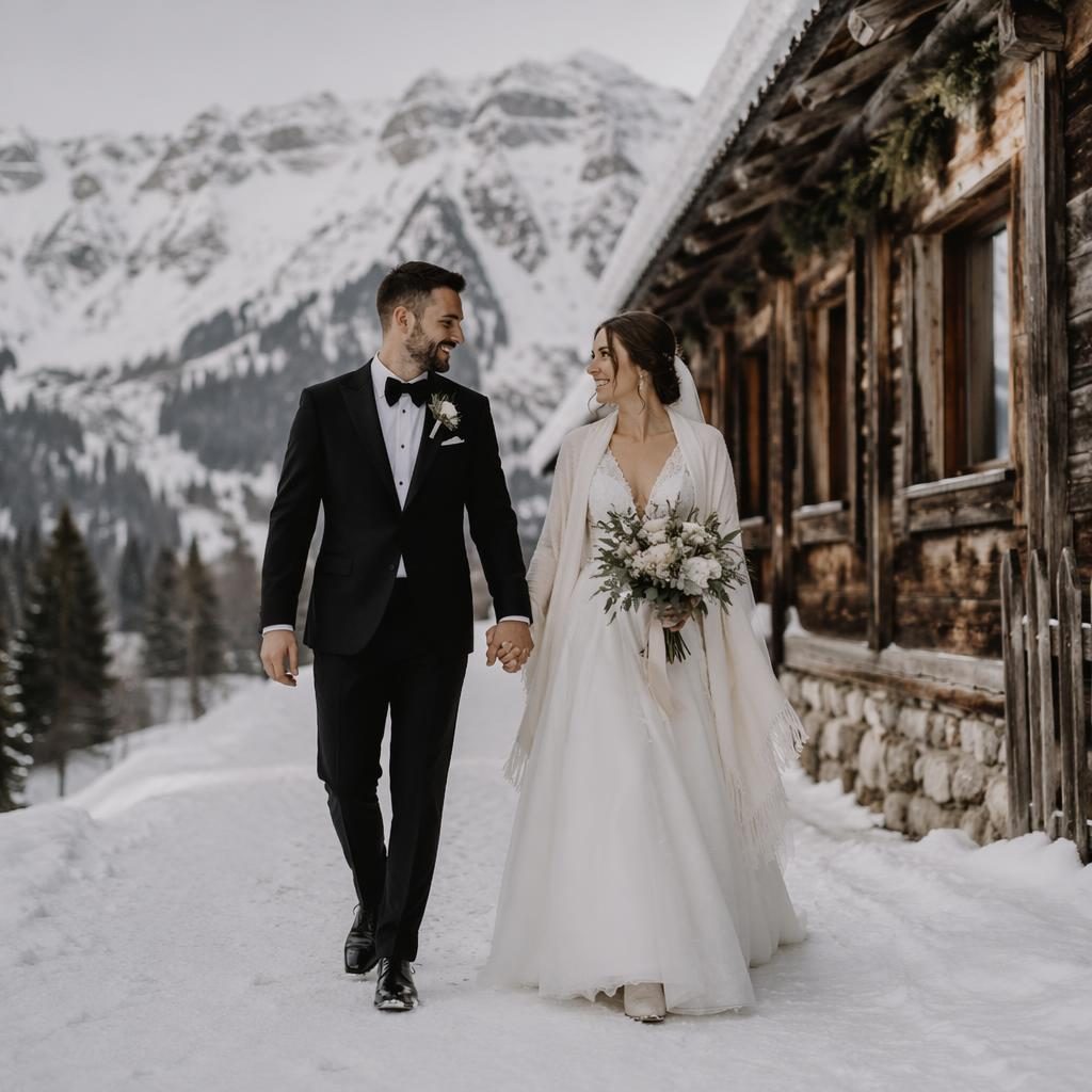 Brautpaar beim Eheversprechen vor verschneitem alpinem Chalet im Winter, natürliches Licht, elegante Hochzeitsfotografie