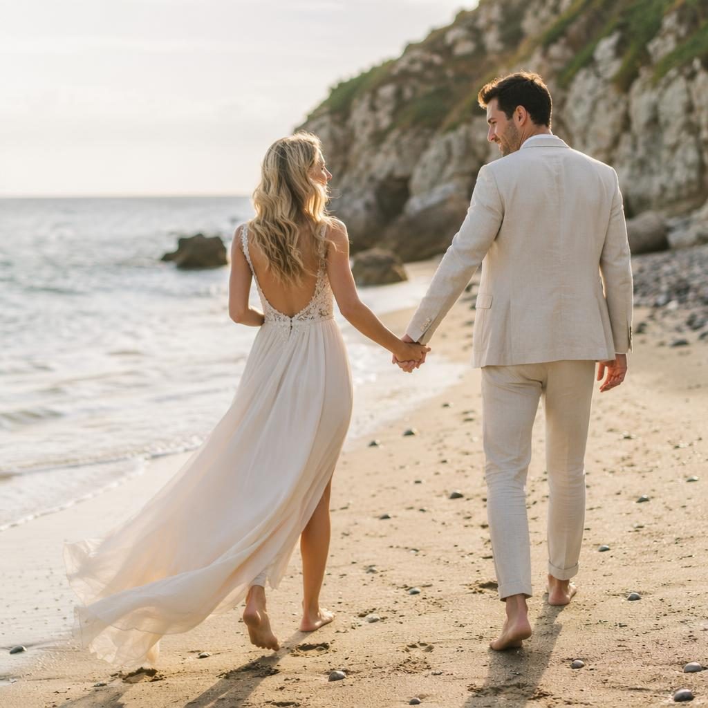 Bride getting ready barefoot by a summer cliffside ocean setting, in soft blush and cream tones with natural light.