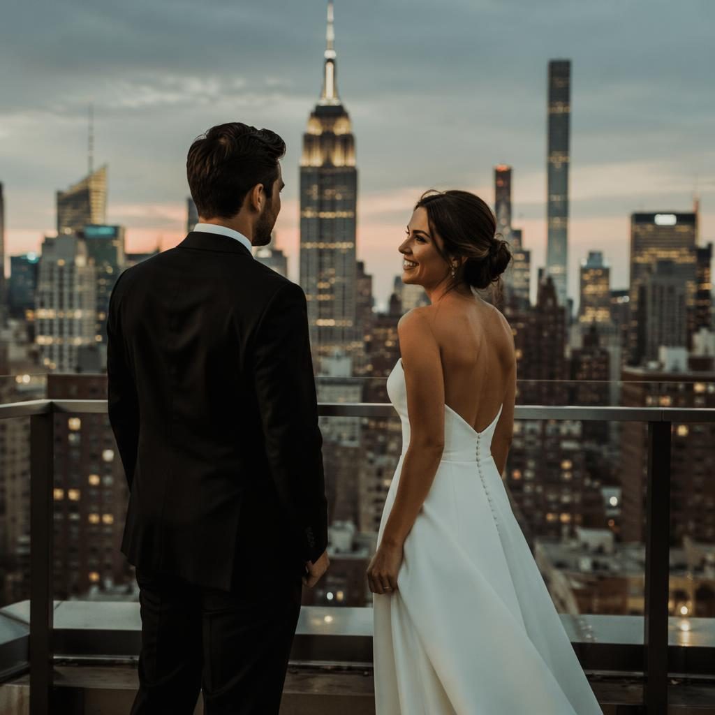 Bride and groom share a first look on a Manhattan rooftop at dusk with skyline views, natural light, and film-style tones.