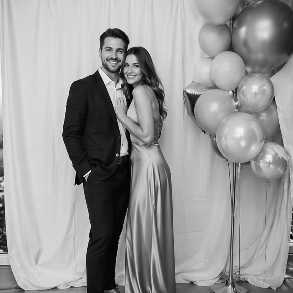 Portrait de couple en tenue de mariage, pieds nus, en extérieur, style éditorial noir et blanc, lumière naturelle.