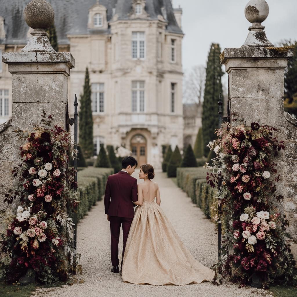 Couple at a French chateau garden reception entrance near the beach in winter, styled in pastel burgundy and gold.
