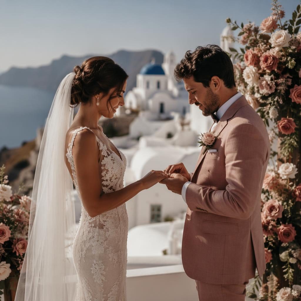 Couple exchanging rings at a Greek island whitewash resort with tropical details, dusty rose tones, and cinematic natural light.