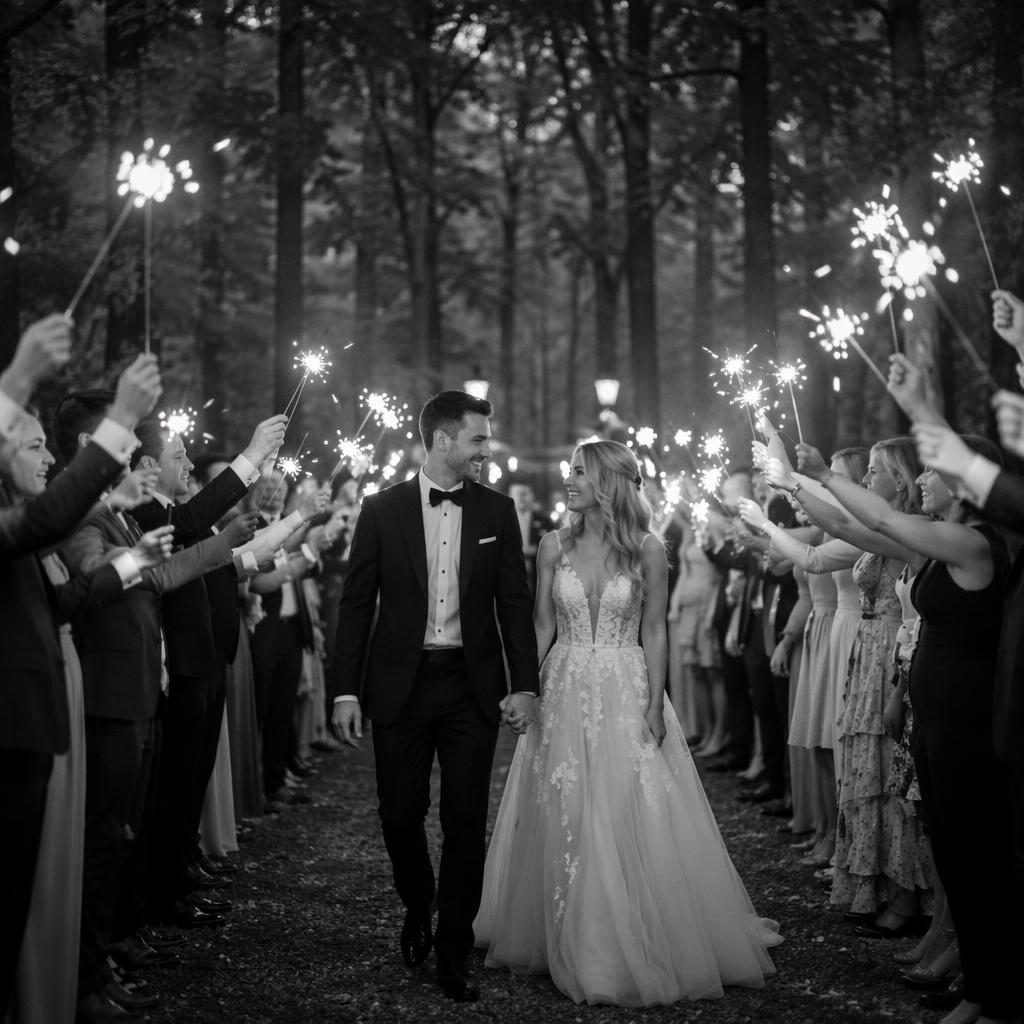 Brautpaar mit Wunderkerzen im Waldgarten, spätsommerliche Hochzeit in klassischer Schwarzweiß-Ästhetik