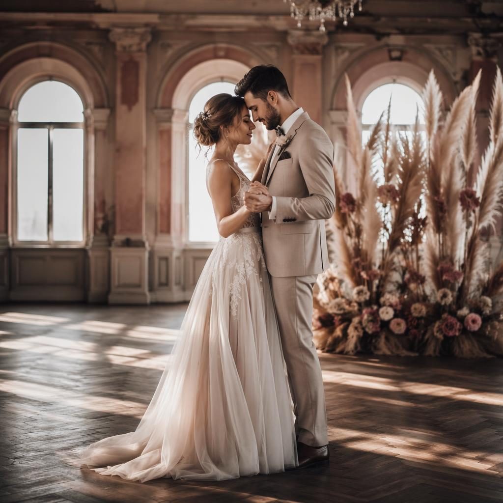Brautpaar beim ersten Tanz in elegantem Ballsaal mit Pampasgras, dusty-rose Deko und natürlichem Licht