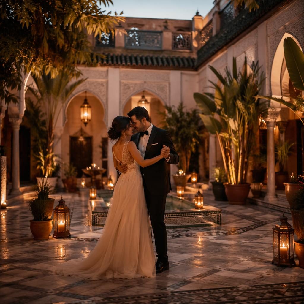 Couple en première danse dans une cour de riad marocain, lumière chaude du coucher de soleil, ambiance sombre et élégante.