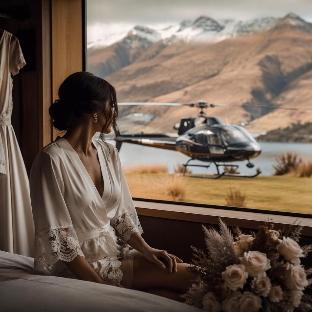 Bride getting ready at a tropical resort with dusty rose details, cinematic natural light, and a New Zealand mountain helicopter backdrop.