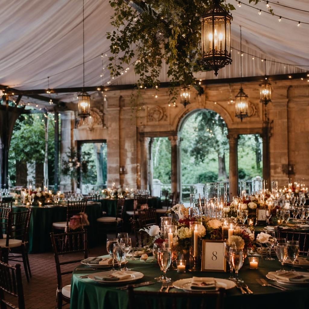 Wedding reception detail scene with floral decor, candles, and tablescape in emerald and bronze tones, natural light