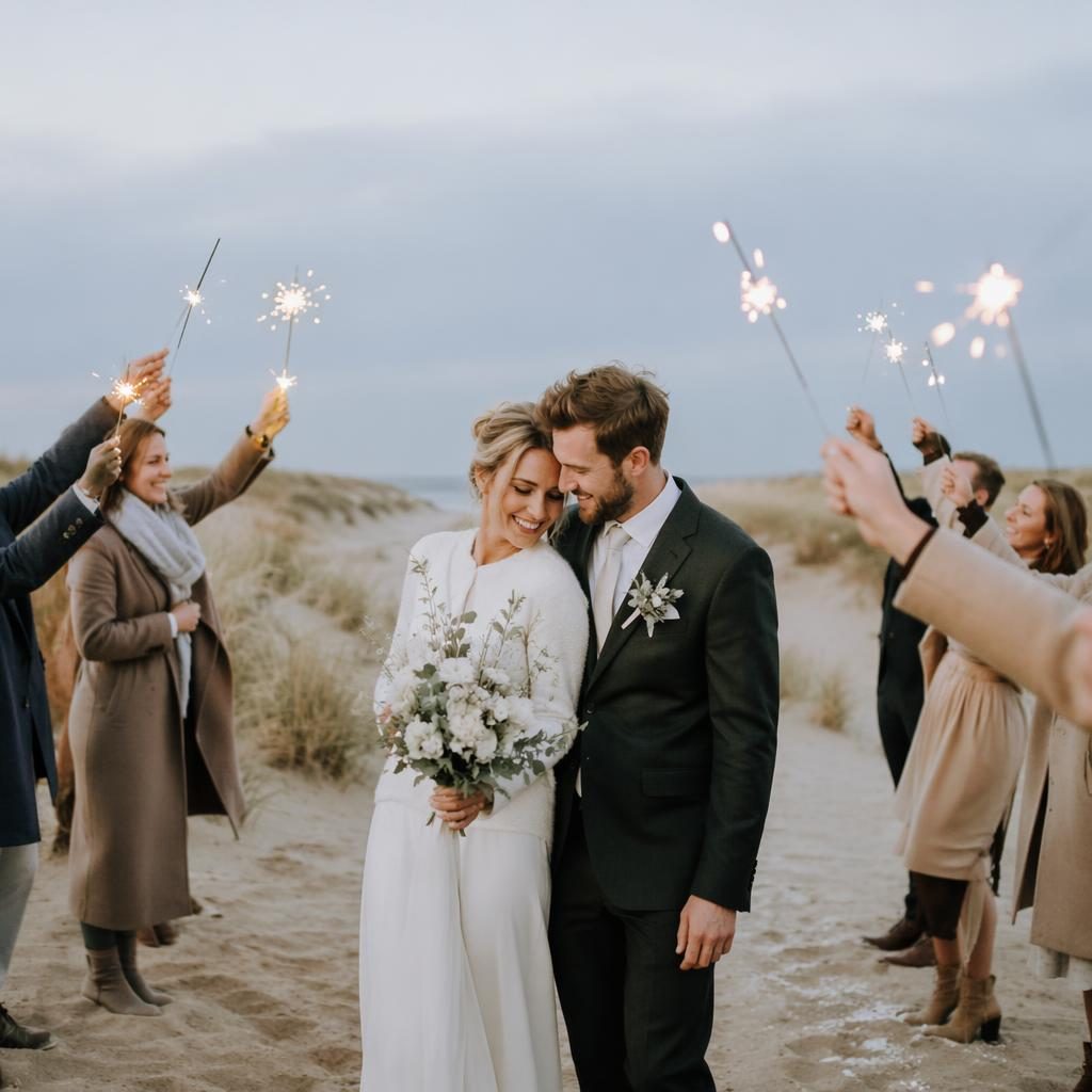 Brautpaar mit Wunderkerzen bei einer Elopement-Hochzeit in Sanddünen, helle natürliche Töne und winterlich kühle Farbpalette.