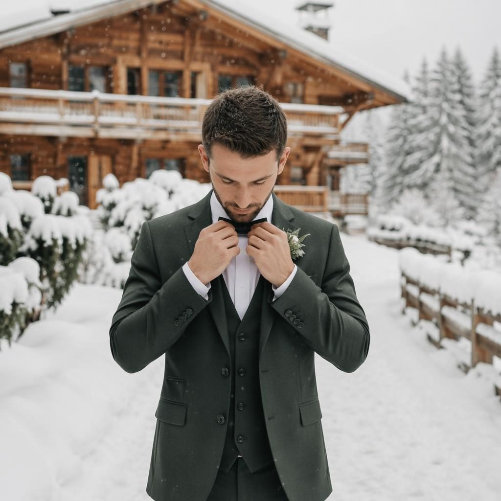 Bräutigam beim Fertigmachen in einem verschneiten Alpenchalet, natürliches Licht, elegante Hochzeitsfotografie in Salbeiweiß.